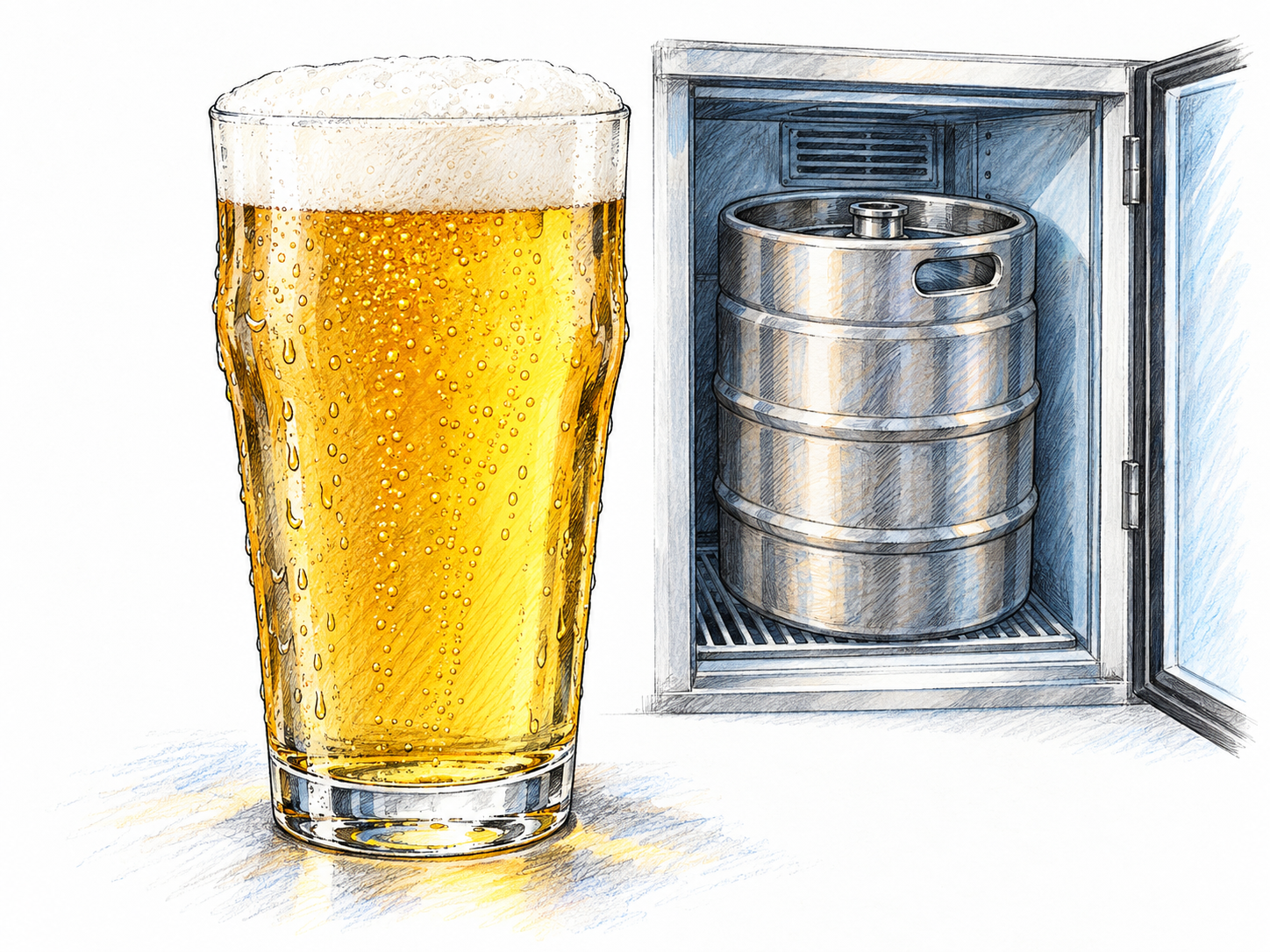 A clear glass of golden lager with a modest white foam head and condensation, beside a small unmarked stainless-steel aging keg inside a minimally suggested cold-storage compartment.