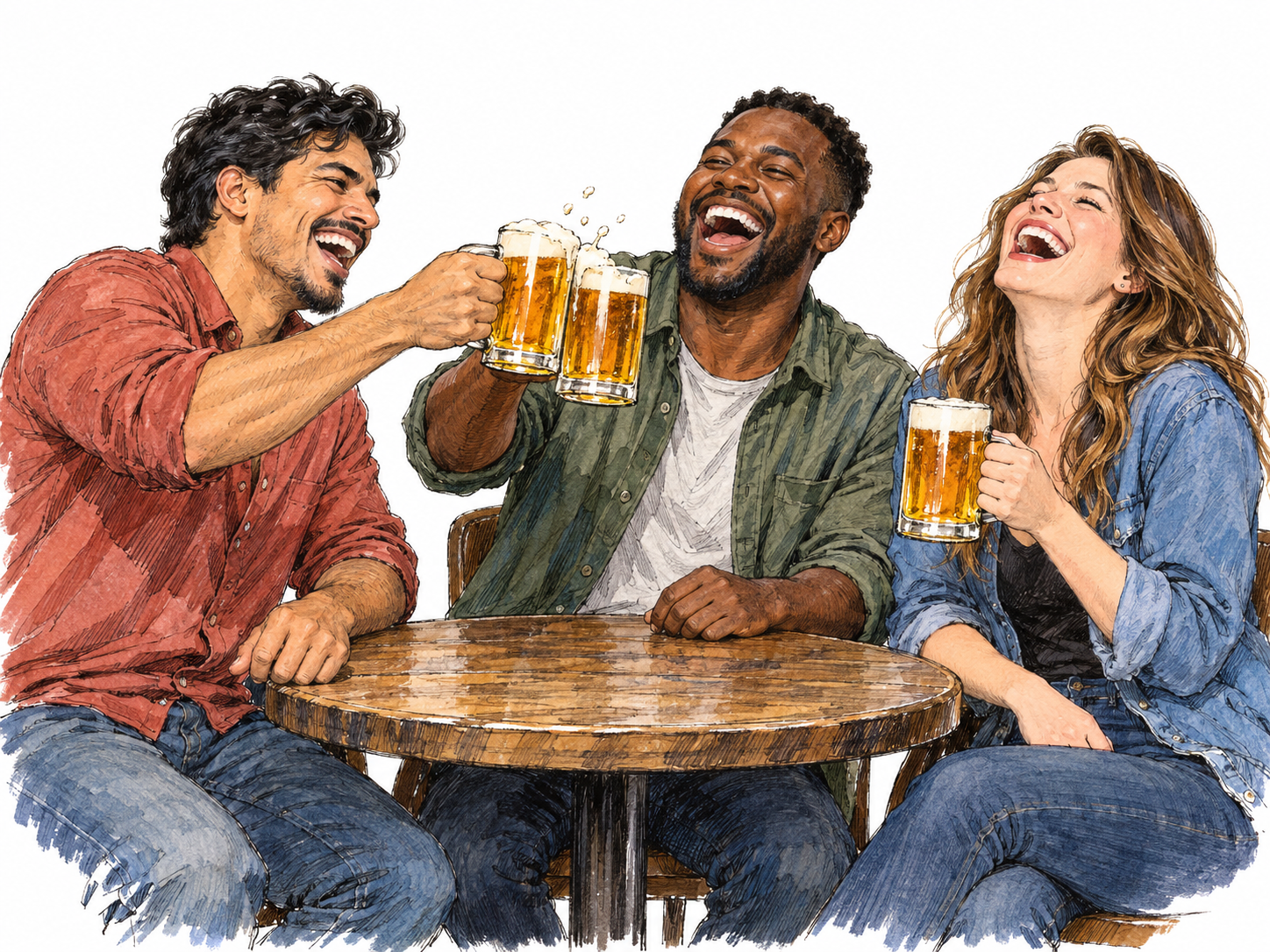 Three adult friends carouse around a small pub table, drinking beer, clinking raised mugs and throwing their heads back in exuberant open-mouthed laughter.