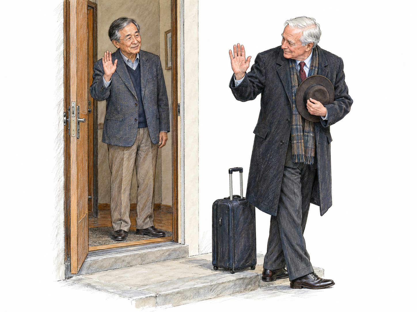 A dignified farewell at a doorway: an older departing guest, with a suitcase beside his feet and his hat held against his chest, gives a small bow and a raised-hand goodbye to his older host.