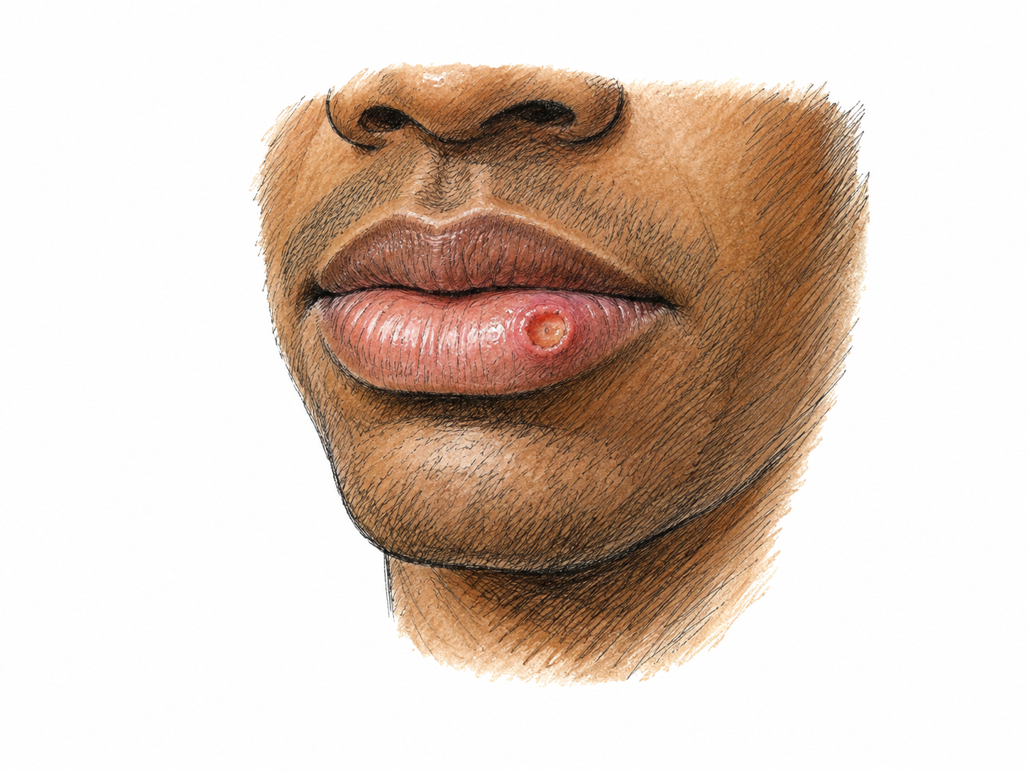 Restrained clinical drawing cropped to an adult mouth/chin, a single small round shallow ulcer with firm-looking raised edge on lower lip, no bleeding, no grimace; educational oral chancre illustration, not a portrait or sexual scene.