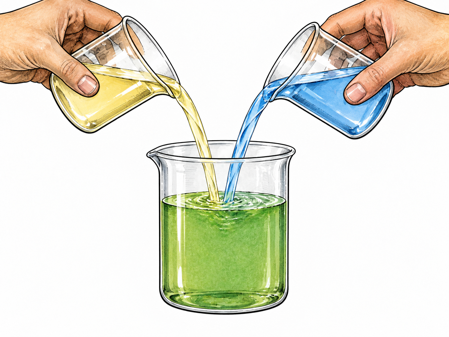 Two clear liquids with pale yellow and blue tints are poured into a transparent beaker and form one uniform green liquid; simple visual mixing sequence, no lettering.