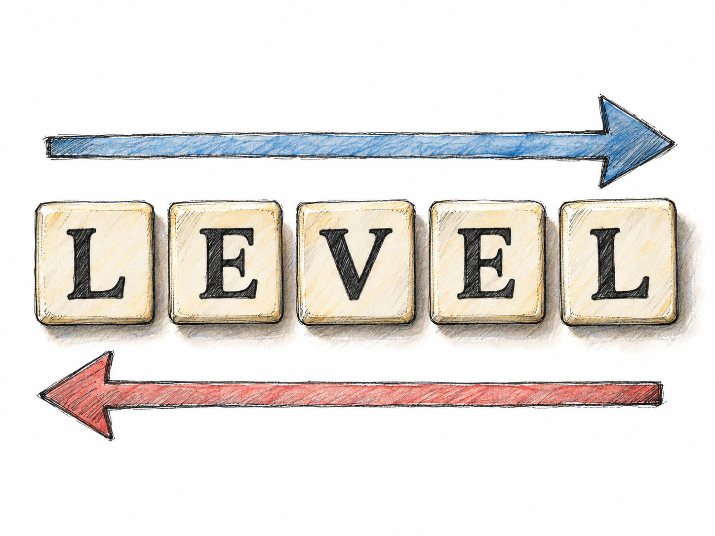 Five letter tiles spell LEVEL, with one arrow above pointing right and another below pointing left to show that the same word reads in both directions.