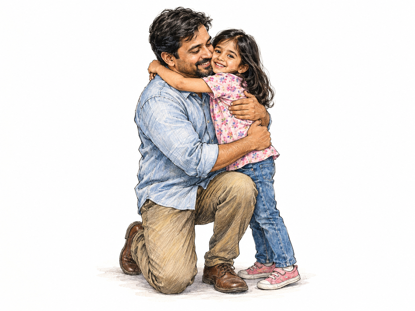A young child joyfully hugs the father around the neck while he kneels to receive the embrace, presenting a warm, informal father–child relationship.