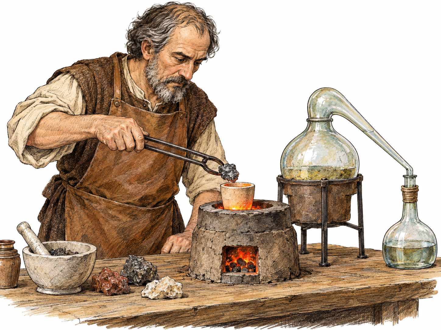 A late-medieval European alchemist heats a crucible in a small charcoal furnace beside a glass distillation apparatus, examining a metallic sample with tongs.