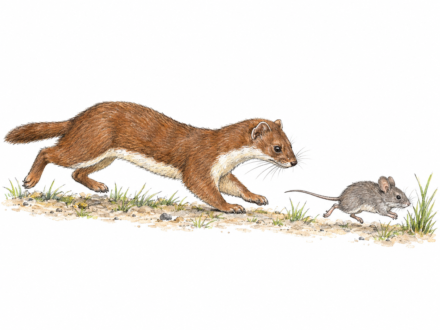 A small brown-and-cream weasel darts low over the ground toward a mouse, showing its long slender body, short legs, and agile hunting posture.