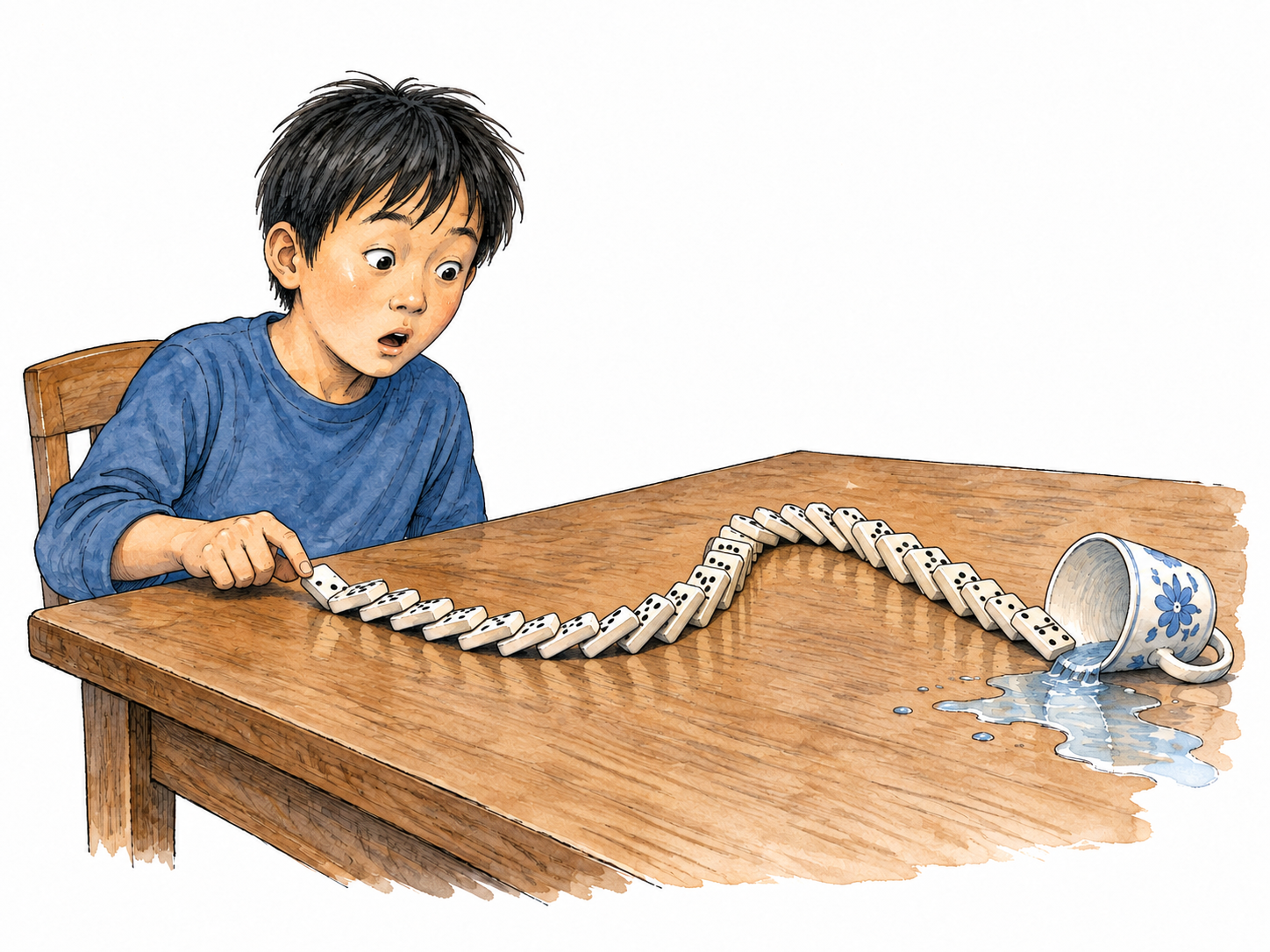 A child has accidentally knocked the first domino in a winding row; the domino cascade reaches and tips a cup at the far end, spilling a small amount of water.