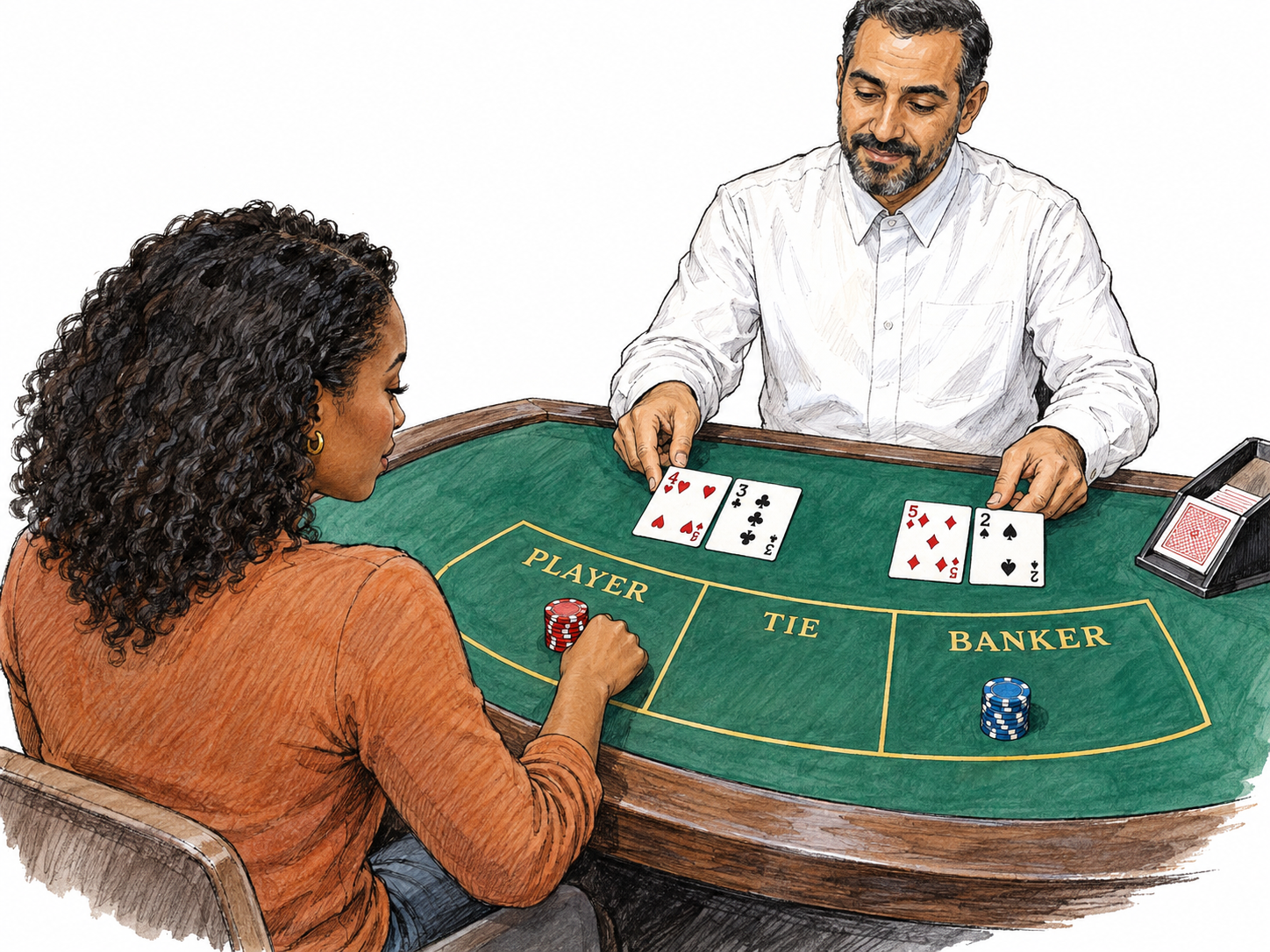 A close view of a baccarat table with two exposed two-card hands and chips wagered in the player and banker betting areas.