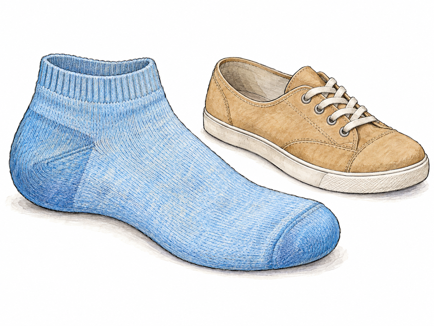 A clearly shaped ankle sock lies beside an open low-top shoe, showing the sock's ribbed cuff, heel pocket, and rounded toe.