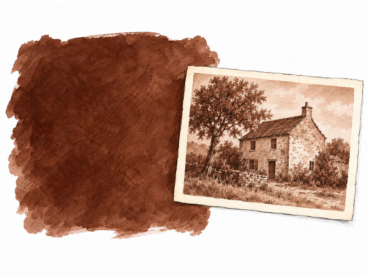 A broad reddish-brown pigment swatch beside an old photograph rendered in the same sepia tones, making the color and its photographic association visible without people or explanatory text.