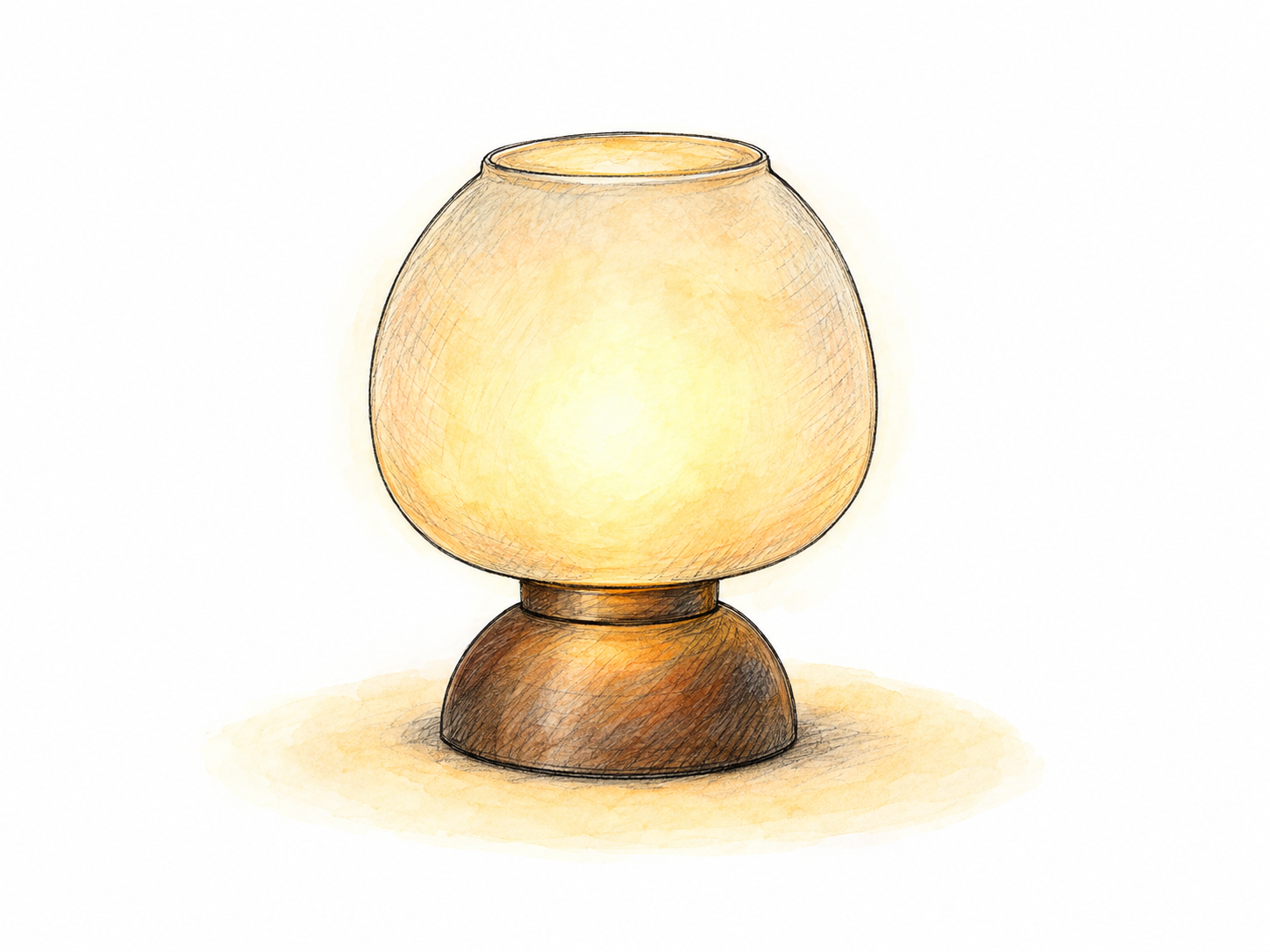 A small frosted-glass bedside lamp emits a soft, steady warm light, with a gentle pool of illumination on the surface beneath it.