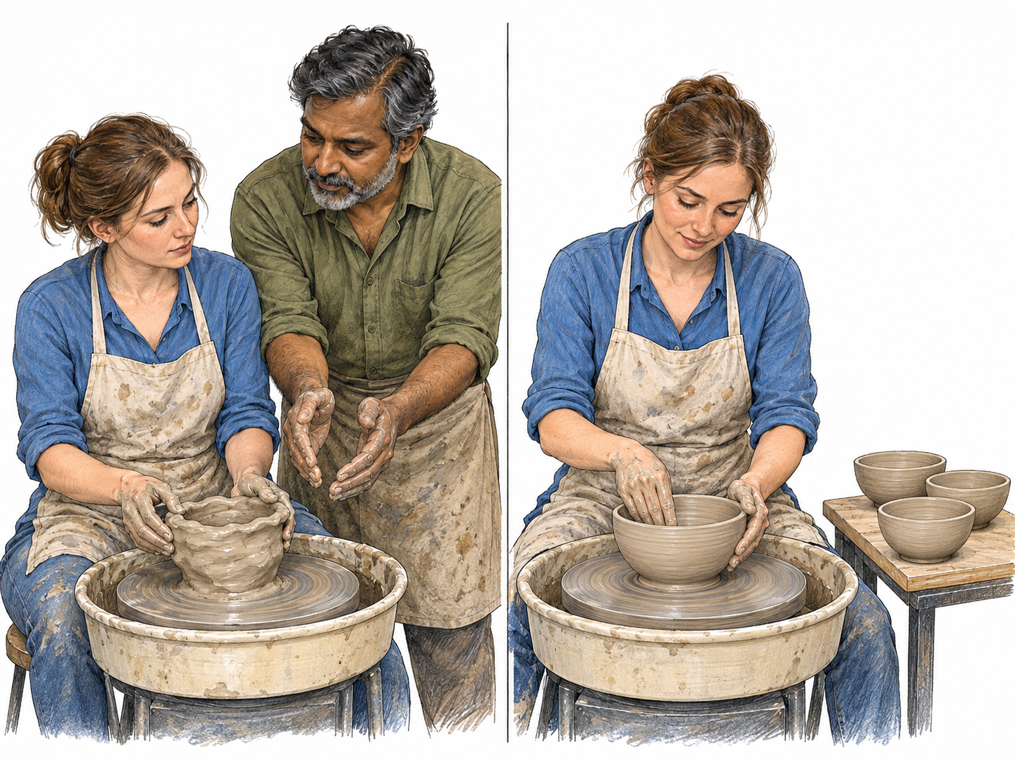 A two-panel pottery-practice sequence shows the same woman progressing from shaping an uneven bowl with an instructor's guidance to independently shaping a balanced, smooth bowl, with several consistent finished practice bowls beside her.