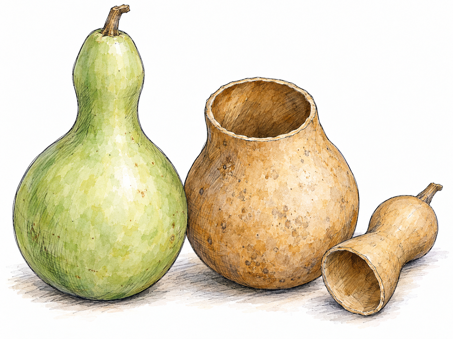 An intact bottle gourd beside a dried gourd made into an open container, showing the recognizable fruit shape and its rigid, hollow shell.