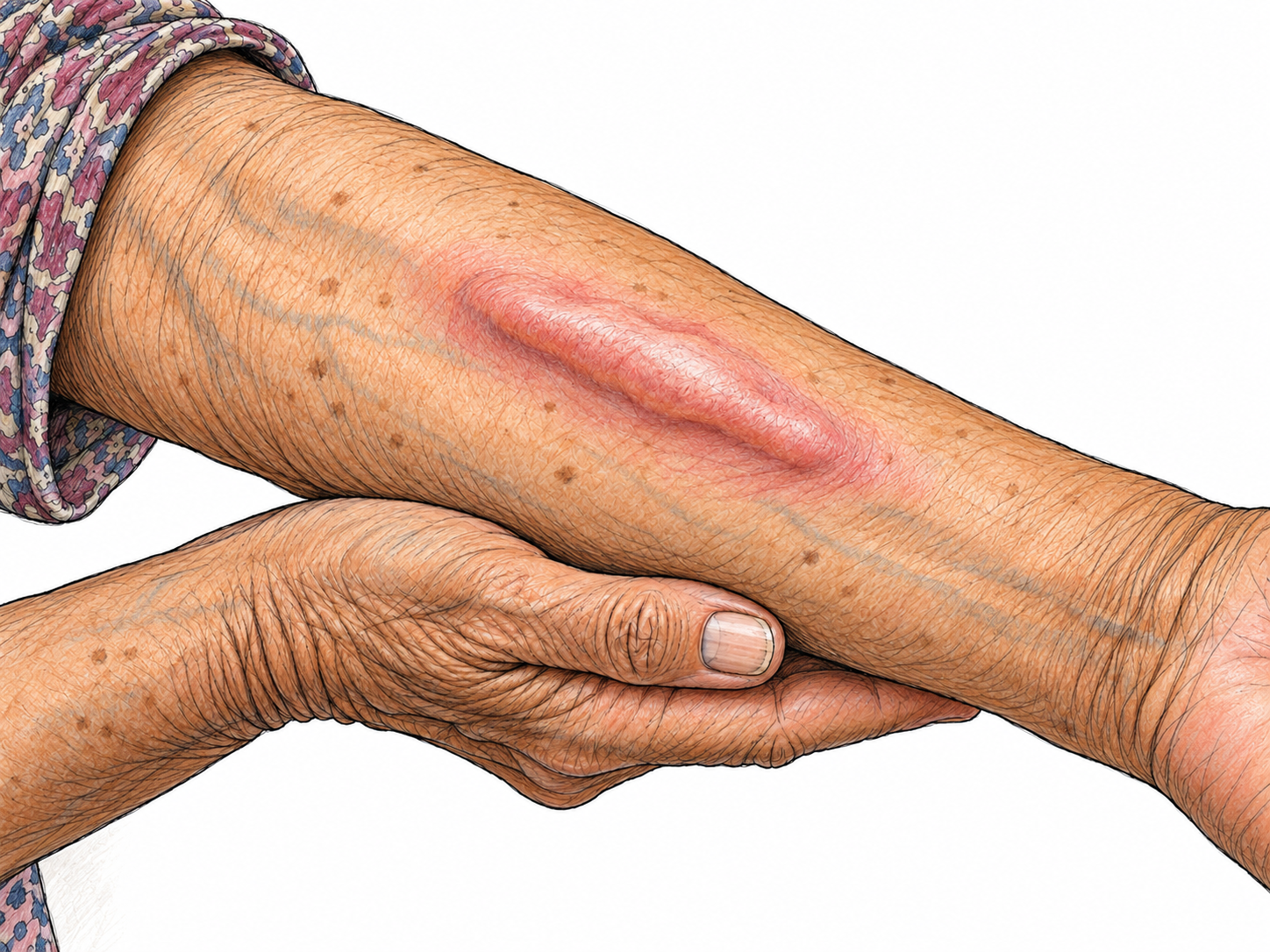 Close-up of an older woman's forearm bearing a single prominent, elongated raised pink welt, with intact skin and a shallow oblique view that makes its swelling visibly distinct from a flat scratch or bruise.