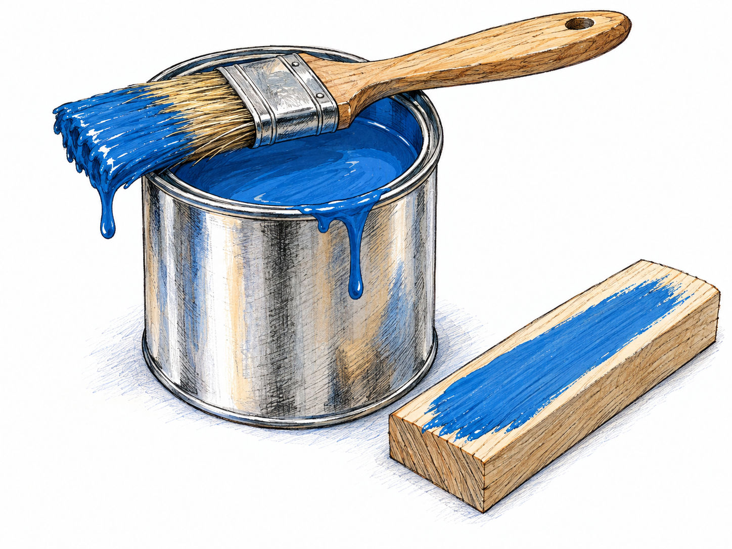 A plain open metal can filled with blue liquid paint, a broad brush resting across the rim with blue-coated bristles, and a narrow wooden offcut bearing one fresh blue stroke.