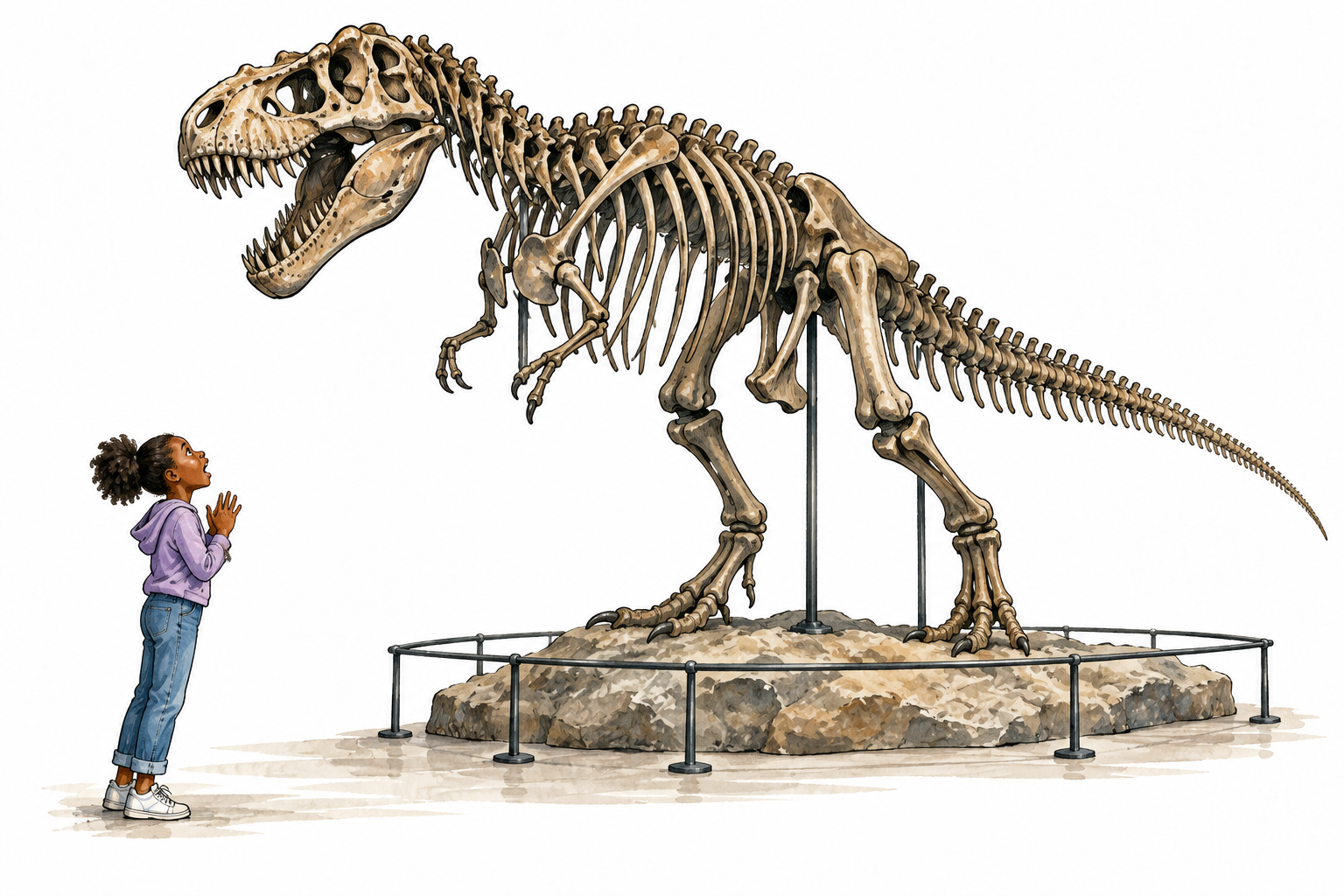 Young Black woman looks up in astonishment at a huge dinosaur skeleton in museum.