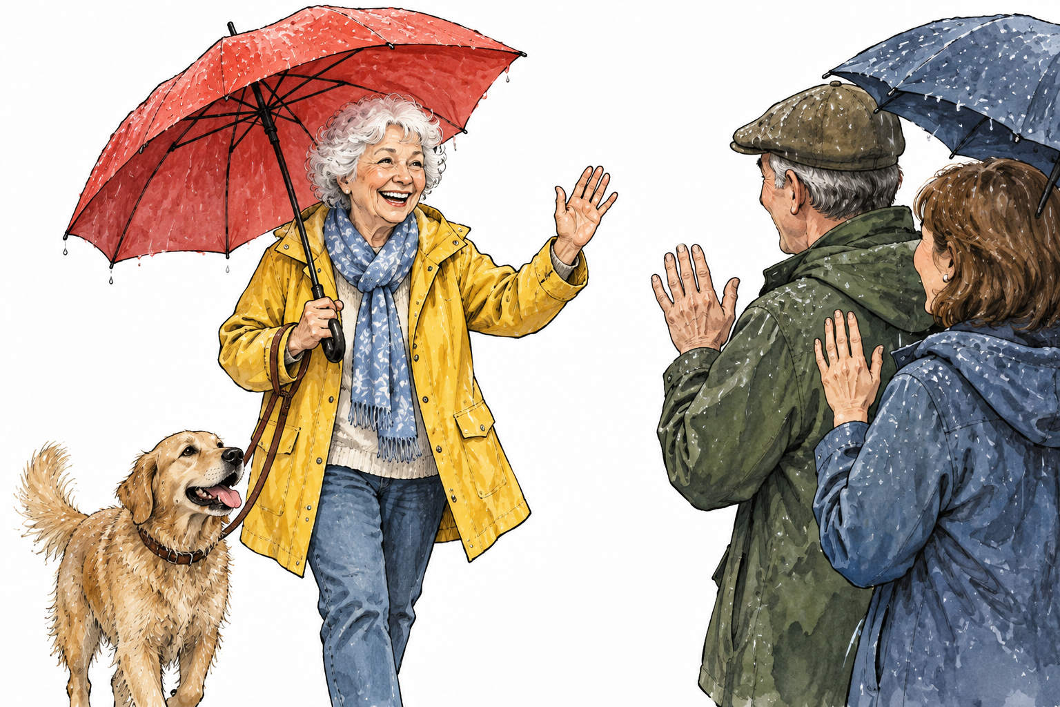 A naturally cheerful older white woman greets neighbors with a warm smile even on a rainy day.