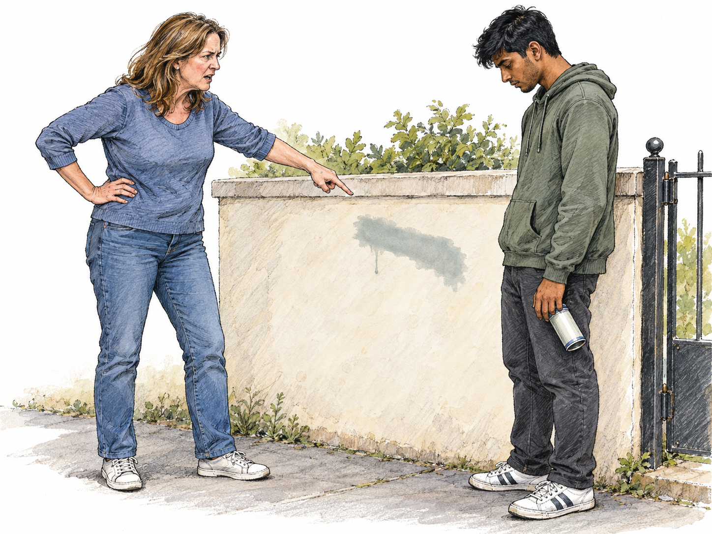 A woman angrily reprimands a young man caught spray-painting her garden wall, pointing directly at the fresh paint while he lowers the spray can guiltily.
