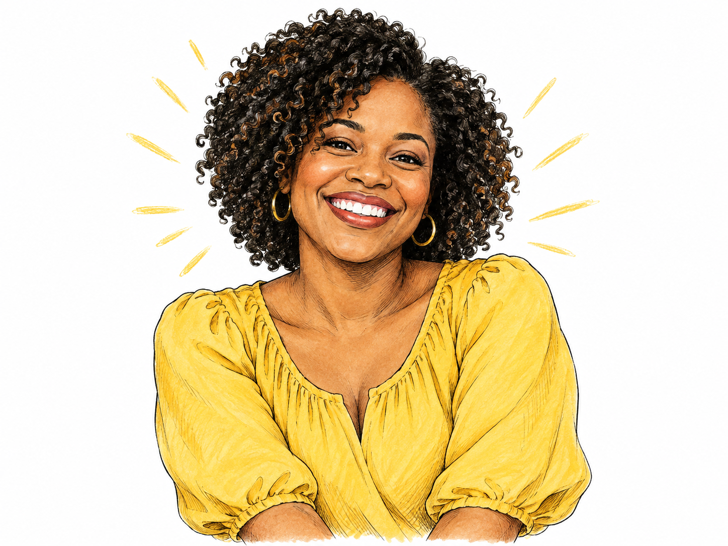 Woman smiles with visibly warm joyful face, subtle golden radiating strokes around head and shoulders suggest radiant happiness; human warmth focal, no magical halo or lettering.