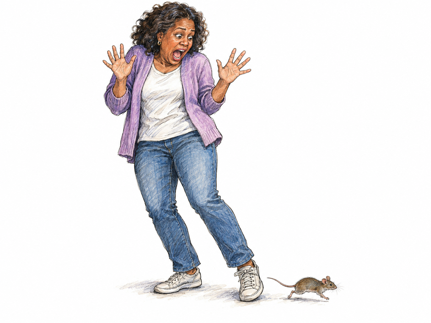 A startled woman lets out a piercing cry as a small mouse scurries past her shoe, her open mouth, raised shoulders and lifted hands making the vocal reaction clear.