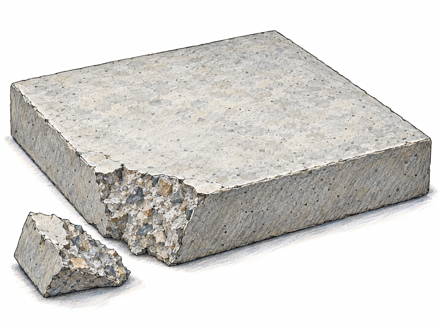 A thick, cured concrete paving slab with a chipped corner exposing gravel embedded in the solid gray cement matrix; a detached fragment reveals the same aggregate-filled interior.