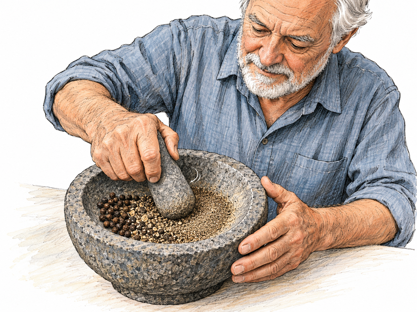 Close view of an older man grinding coarse peppercorns into powder with a stone mortar and pestle.