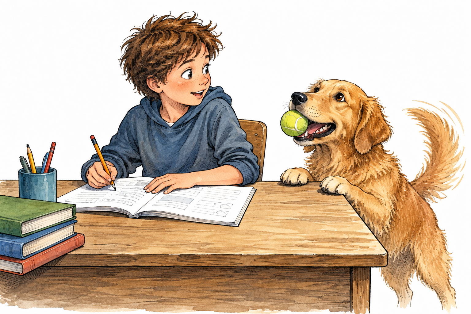 A student's focus moves from a workbook to a playful dog offering a ball beside the desk, interruption.