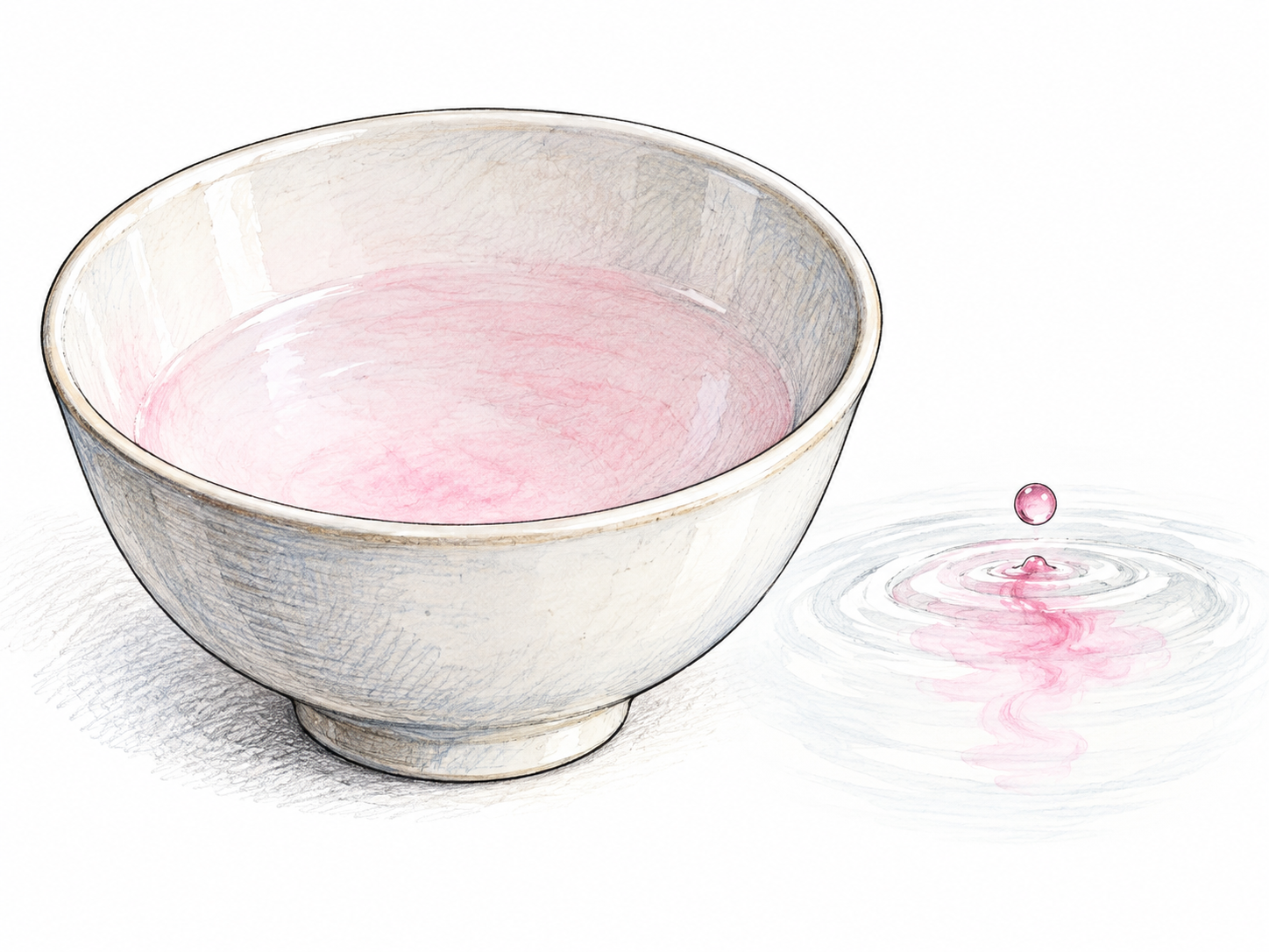 A nearly white ceramic bowl has only a faint blush of pale pink inside, beside one tiny pink drop merging into clear water, emphasizing a slight trace of color; no labels or saturated painted background.