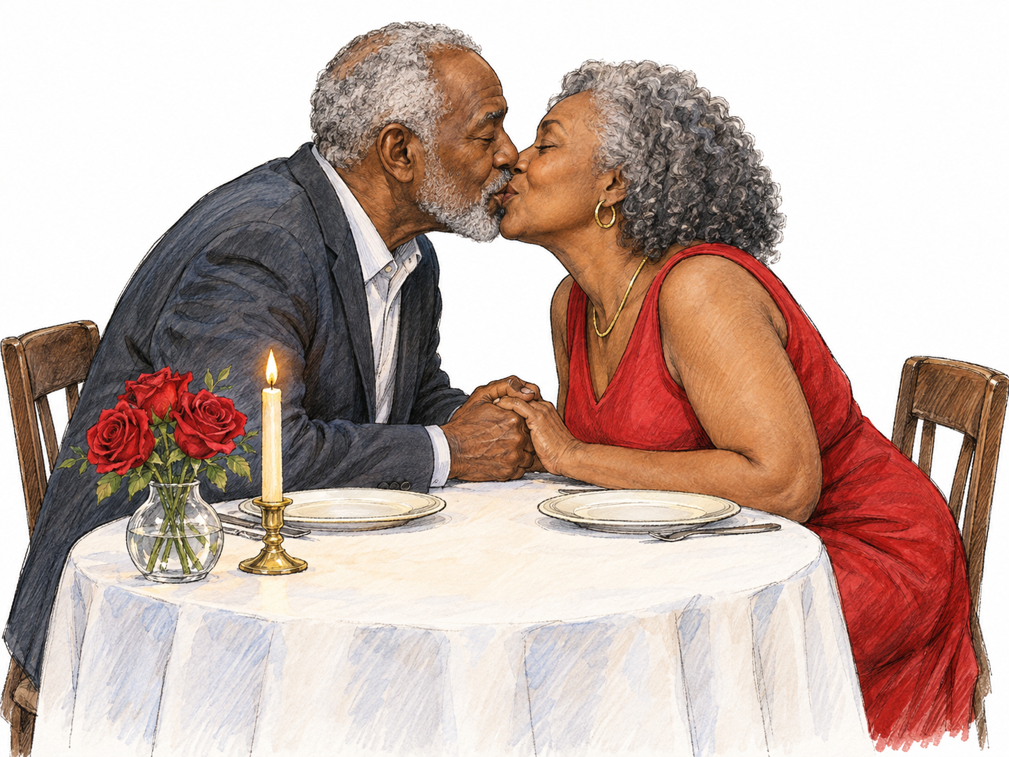 An older couple share a tender kiss across a small candlelit dinner table, holding hands beside a modest bouquet of roses.