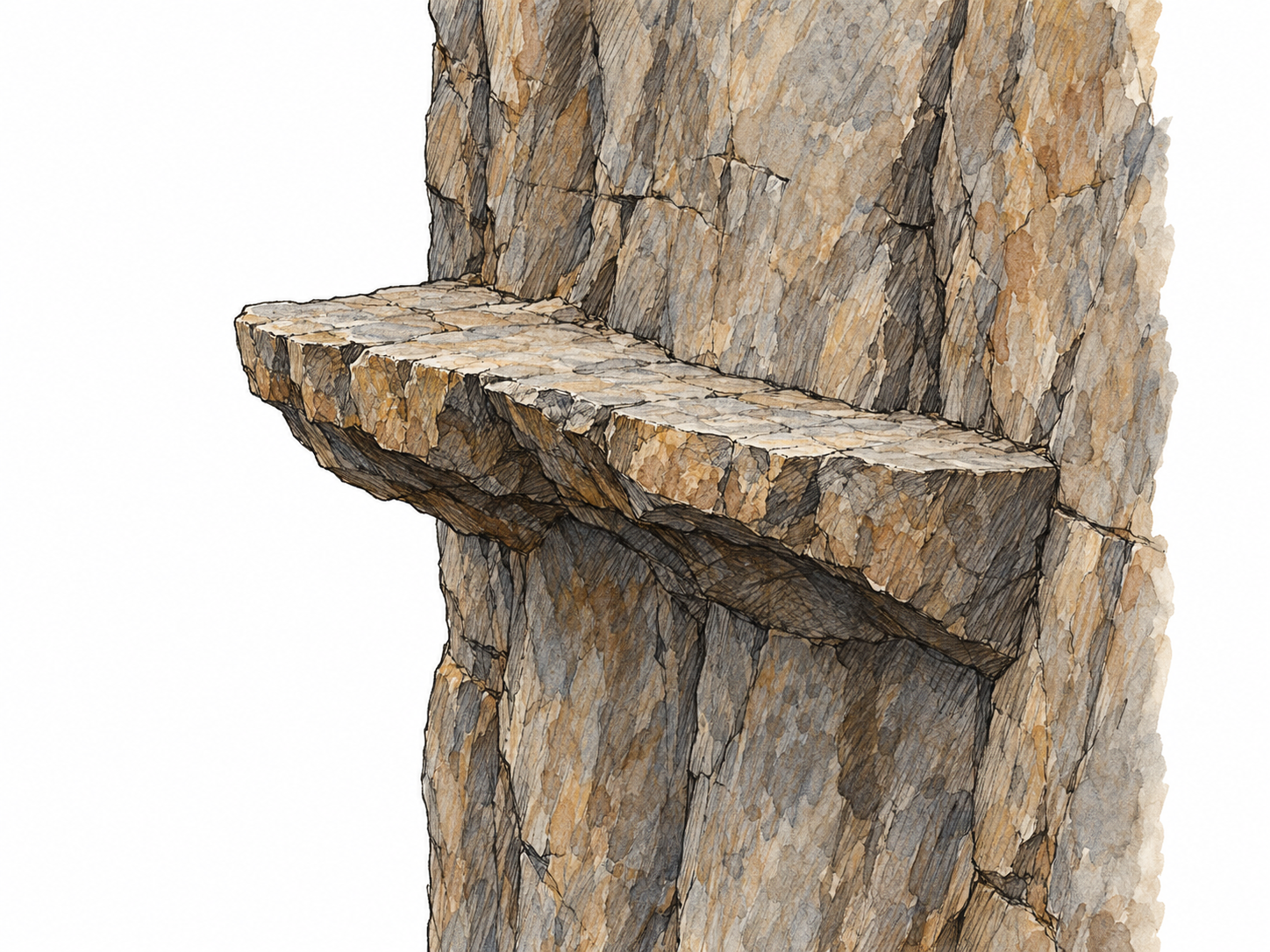A close three-quarter view of a vertical rock face with a single narrow, flat stone ledge projecting outward.
