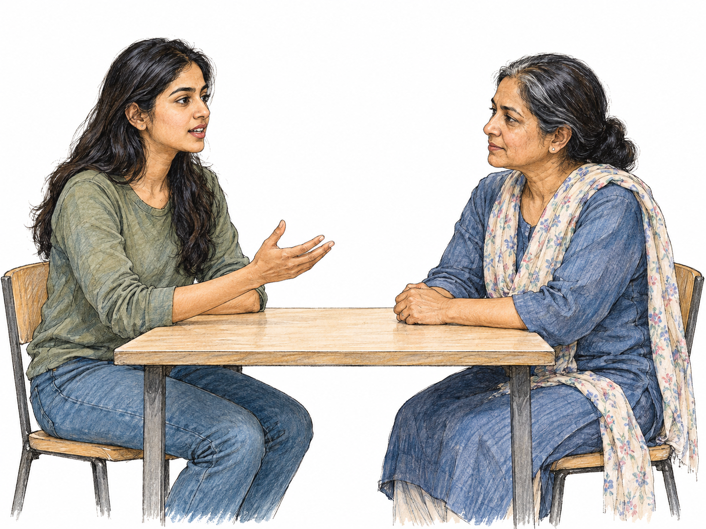 A young adult woman states her point firmly and confidently to an older woman across a small table, using steady eye contact, upright posture, and a restrained open-hand gesture.