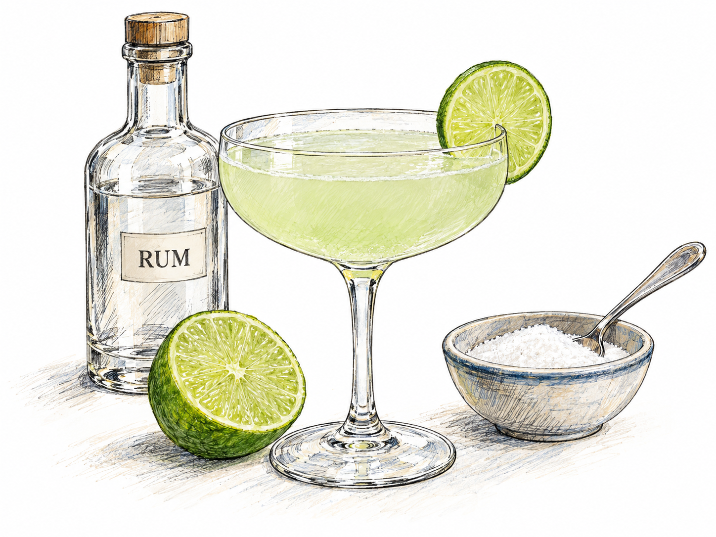 A classic pale daiquiri in a chilled coupe, accompanied by lime, sugar, and a rum bottle to make its characteristic ingredients visible.