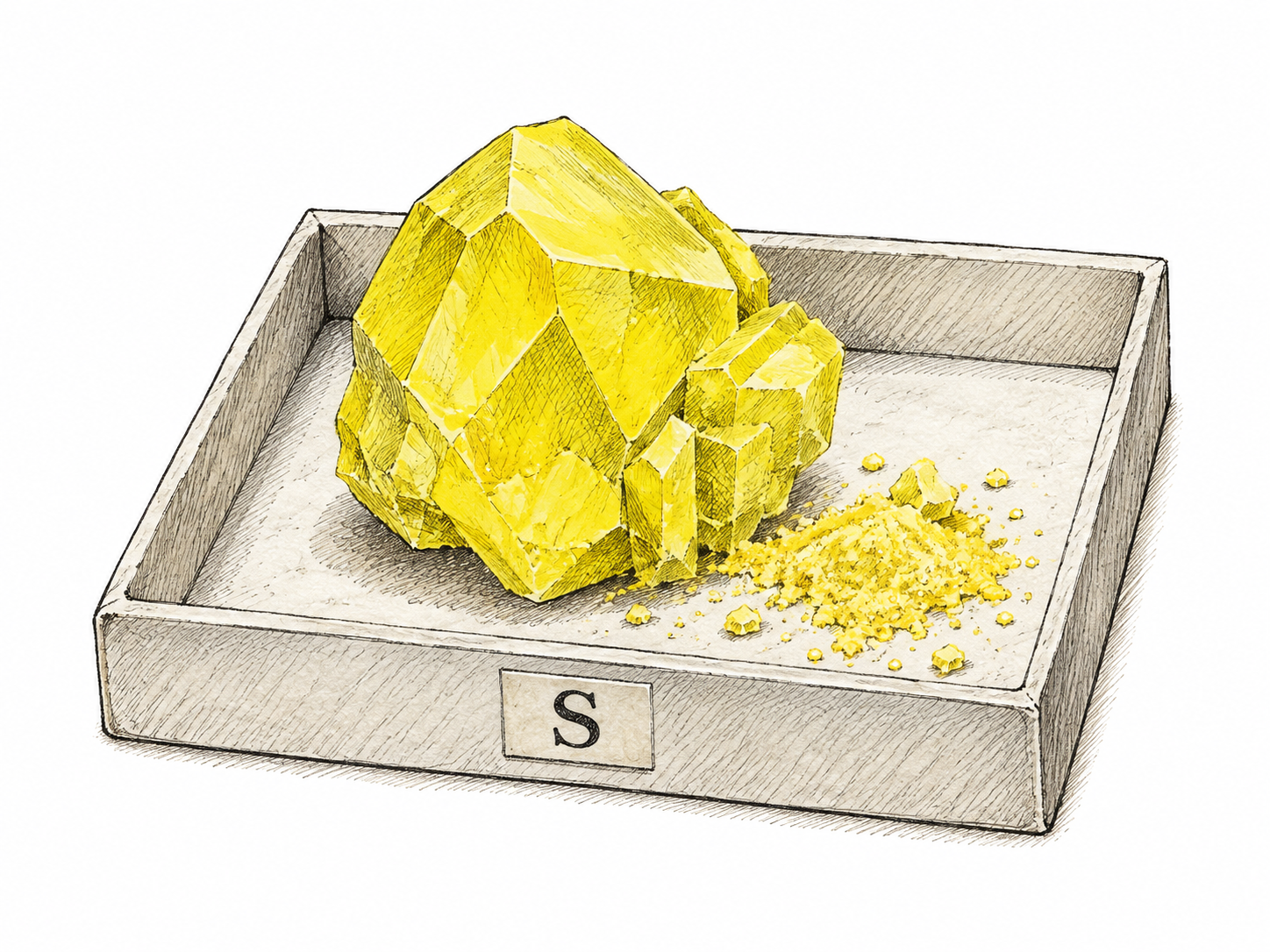 A small rough bright yellow sulfur crystal specimen with a little yellow powder in a plain shallow mineral tray.