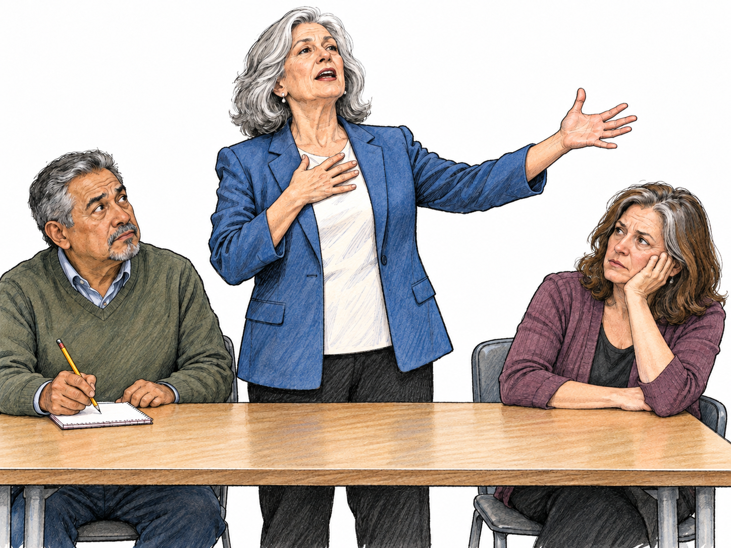 An ordinary committee meeting overwhelmed by a speaker's pompous, theatrical oratory: sweeping declarations and self-important delivery are visibly out of proportion to the modest discussion and listeners' reactions.