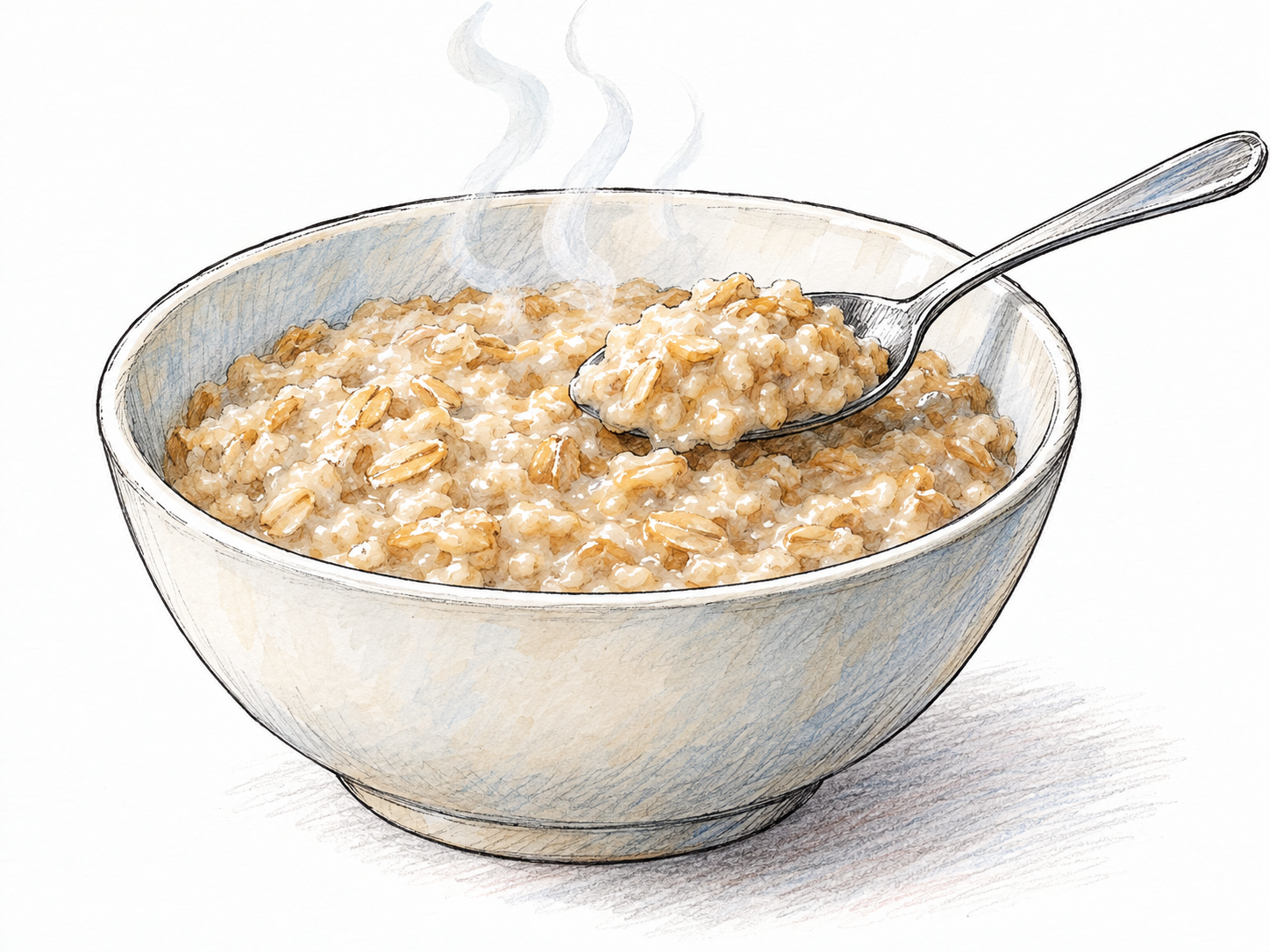A plain ceramic bowl of freshly cooked oatmeal, with visible softened oat flakes, gentle steam, and a spoon lifting a thick spoonful just above the bowl.
