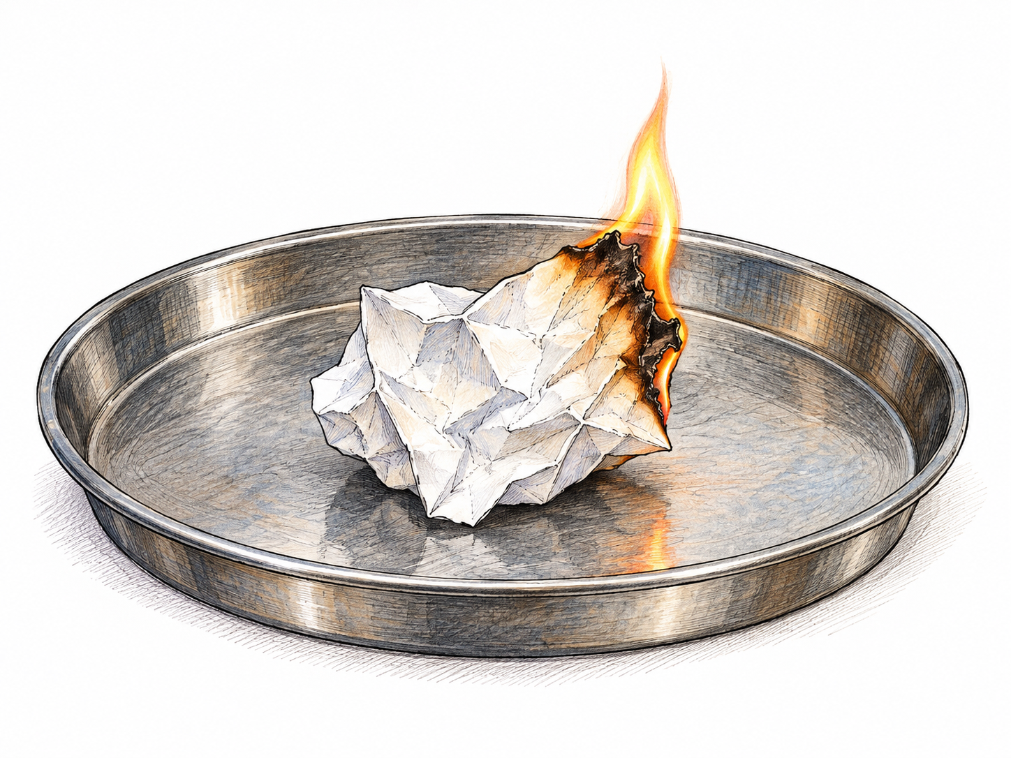 A small crumpled piece of plain dry paper catches a modest flame at its edge on a shallow metal tray, showing it ignites readily; no hands, fuel containers, instructions, writing or dramatic blaze.