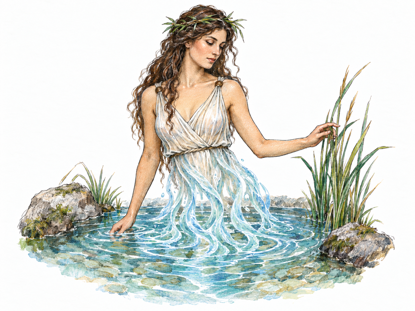 A young adult female spring nymph emerges from a small natural pool, her lower body visibly dissolving into the spring water.