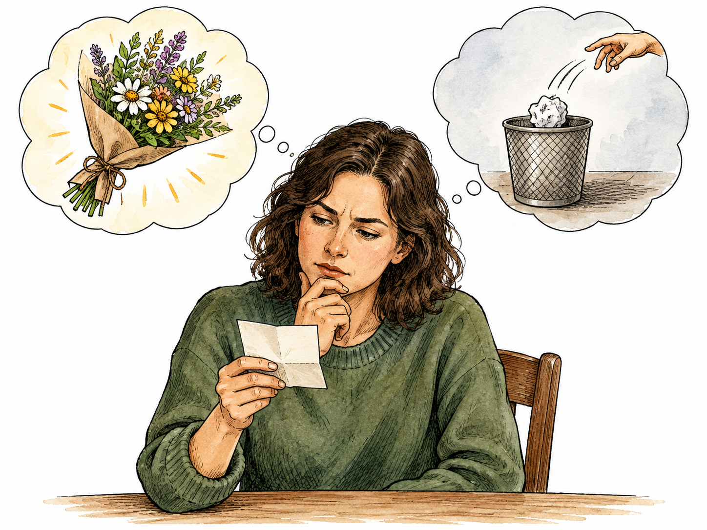 A reader studies a terse note, considers two possible meanings illustrated in thought bubbles.