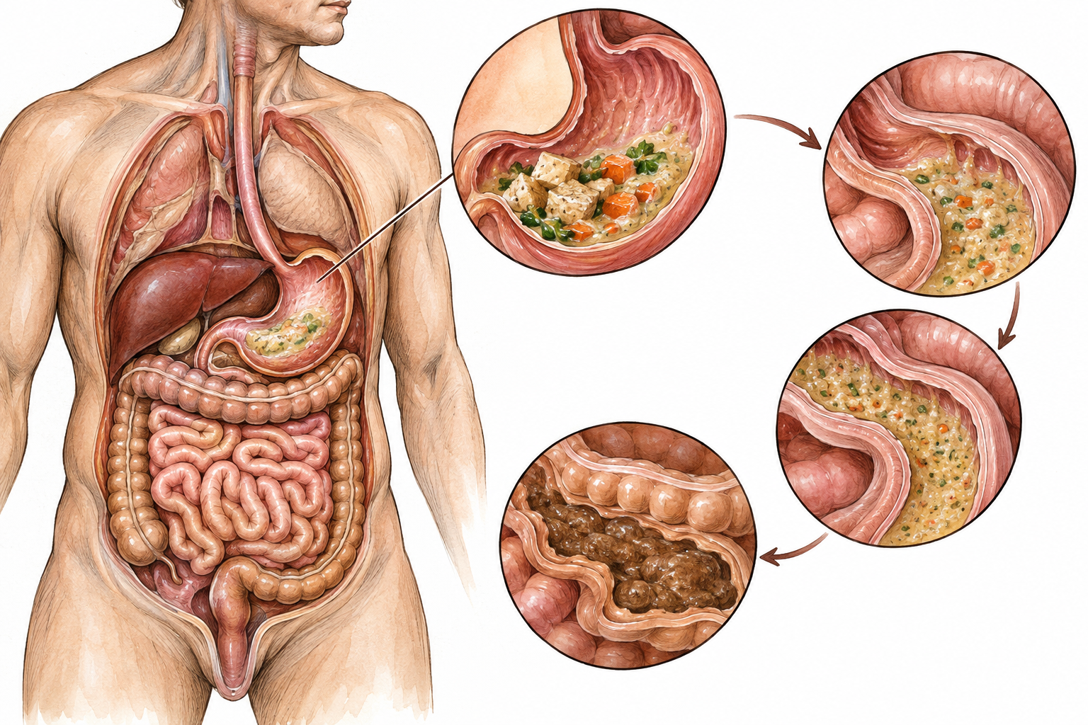 Tasteful medical cutaway of a human torso focusing on stomach and intestines, a small meal becomes progressively finer particles along the digestive tract, no labels or gore.