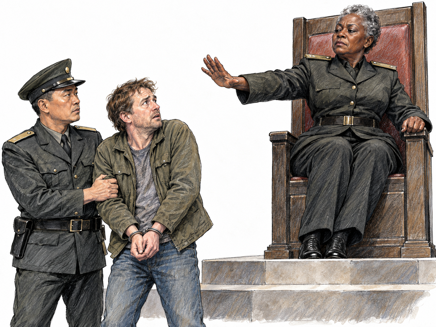 A fictional authoritarian ruler presides above a restrained civilian while a uniformed officer carries out her commanding gesture.