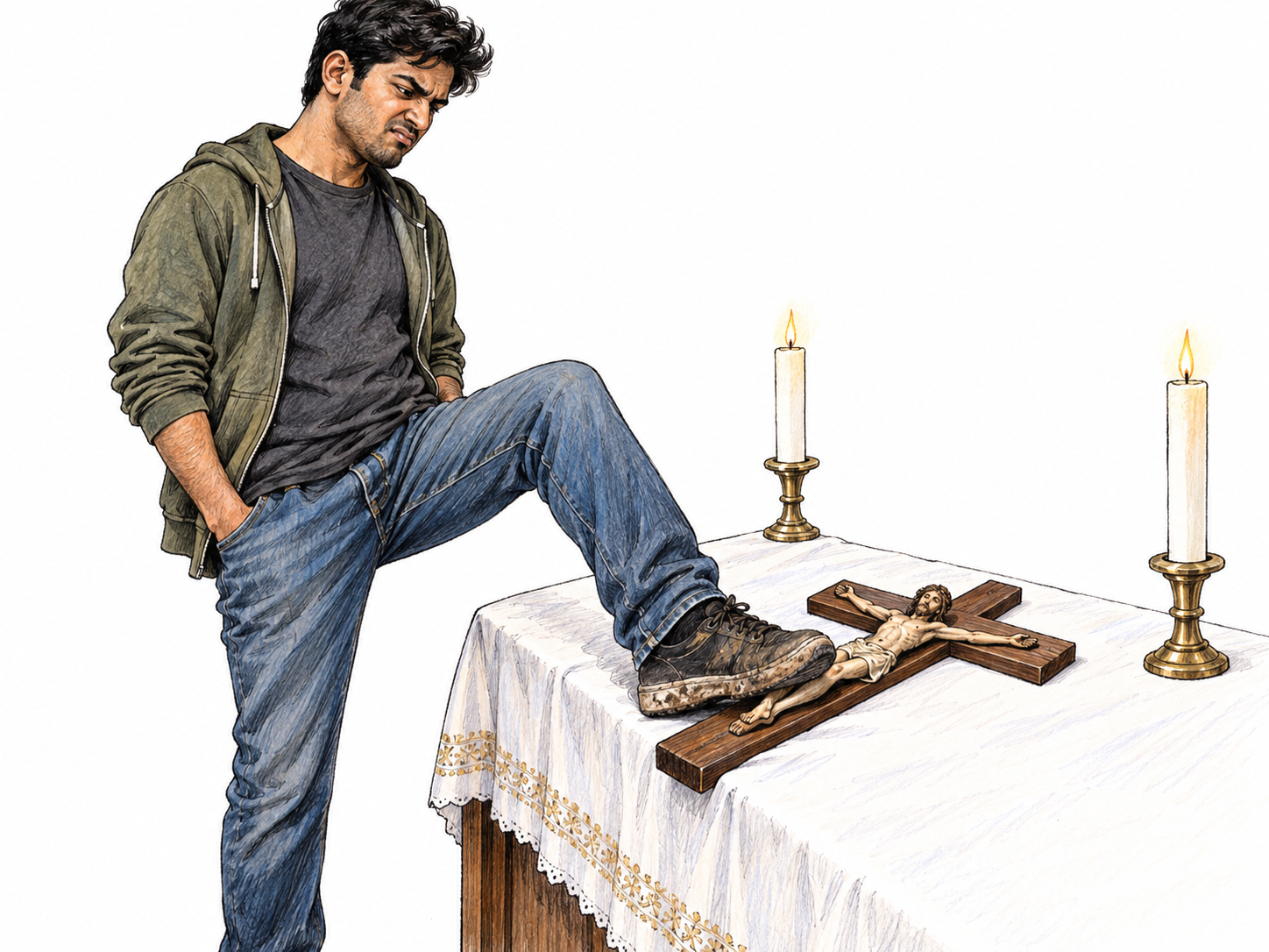 A casually dressed visitor deliberately plants his dirty shoe on a crucifix lying on a church altar, visibly treating a sacred object with contempt.