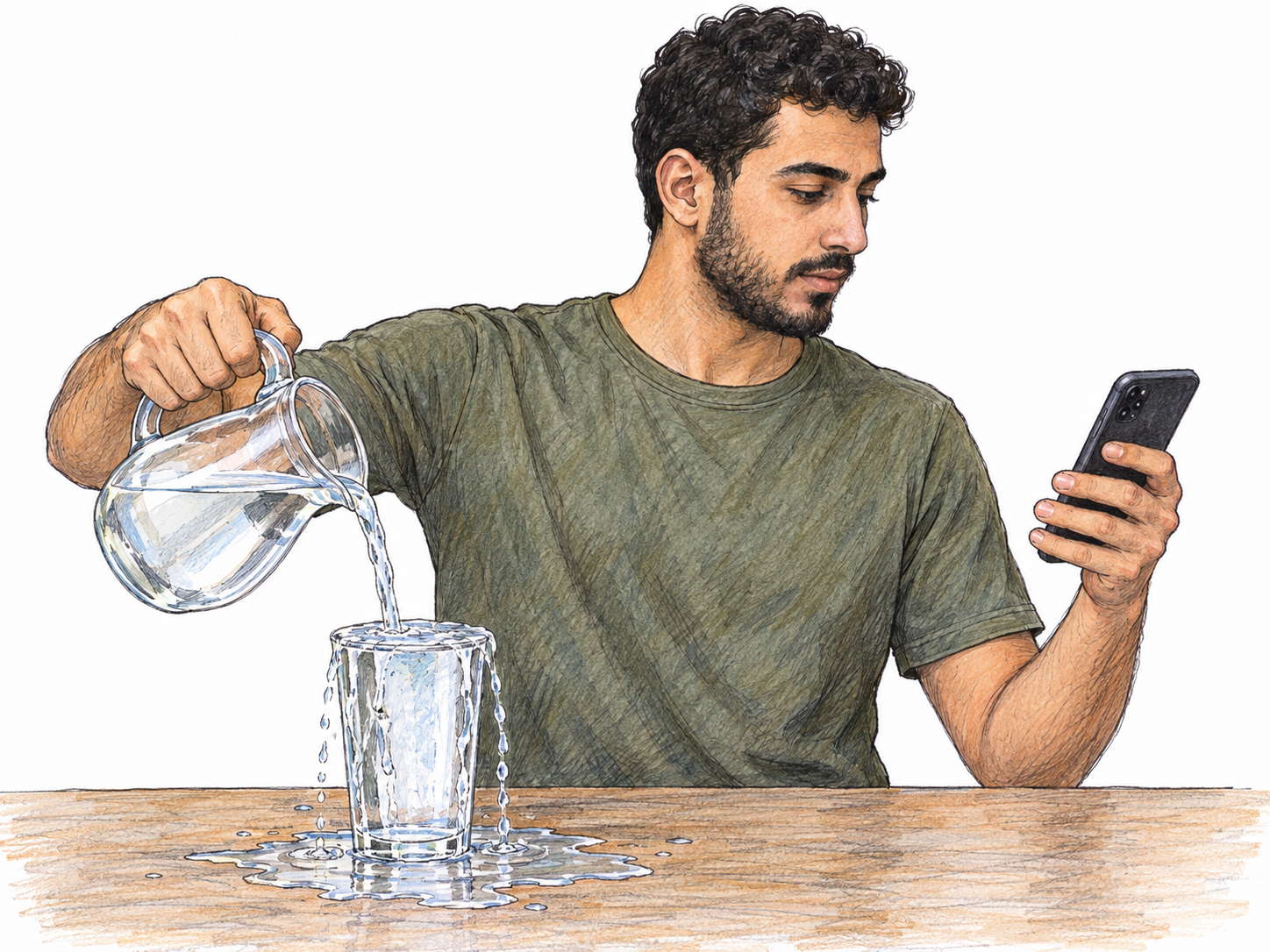 A distracted man keeps pouring water into an already overflowing glass while looking at his phone, visibly failing to notice the spill.