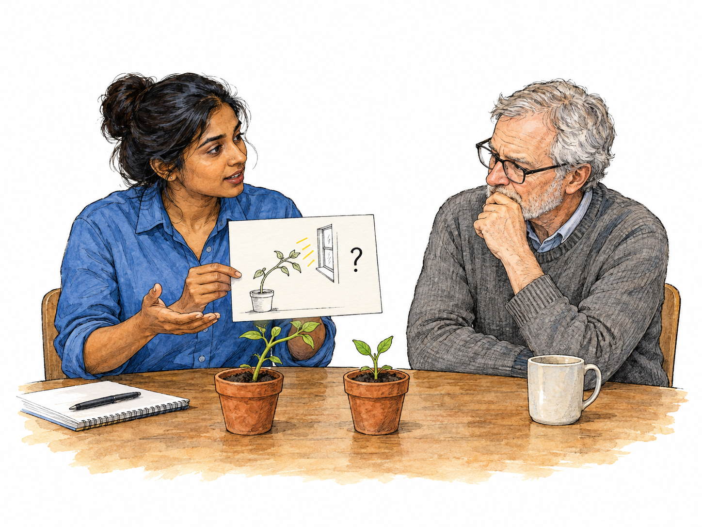 At a small science discussion table one researcher puts forward a tentative explanation by placing a simple sketch card showing a plant bending toward a window beside two small potted seedlings, and gestures toward the proposed idea while a colleague considers it.