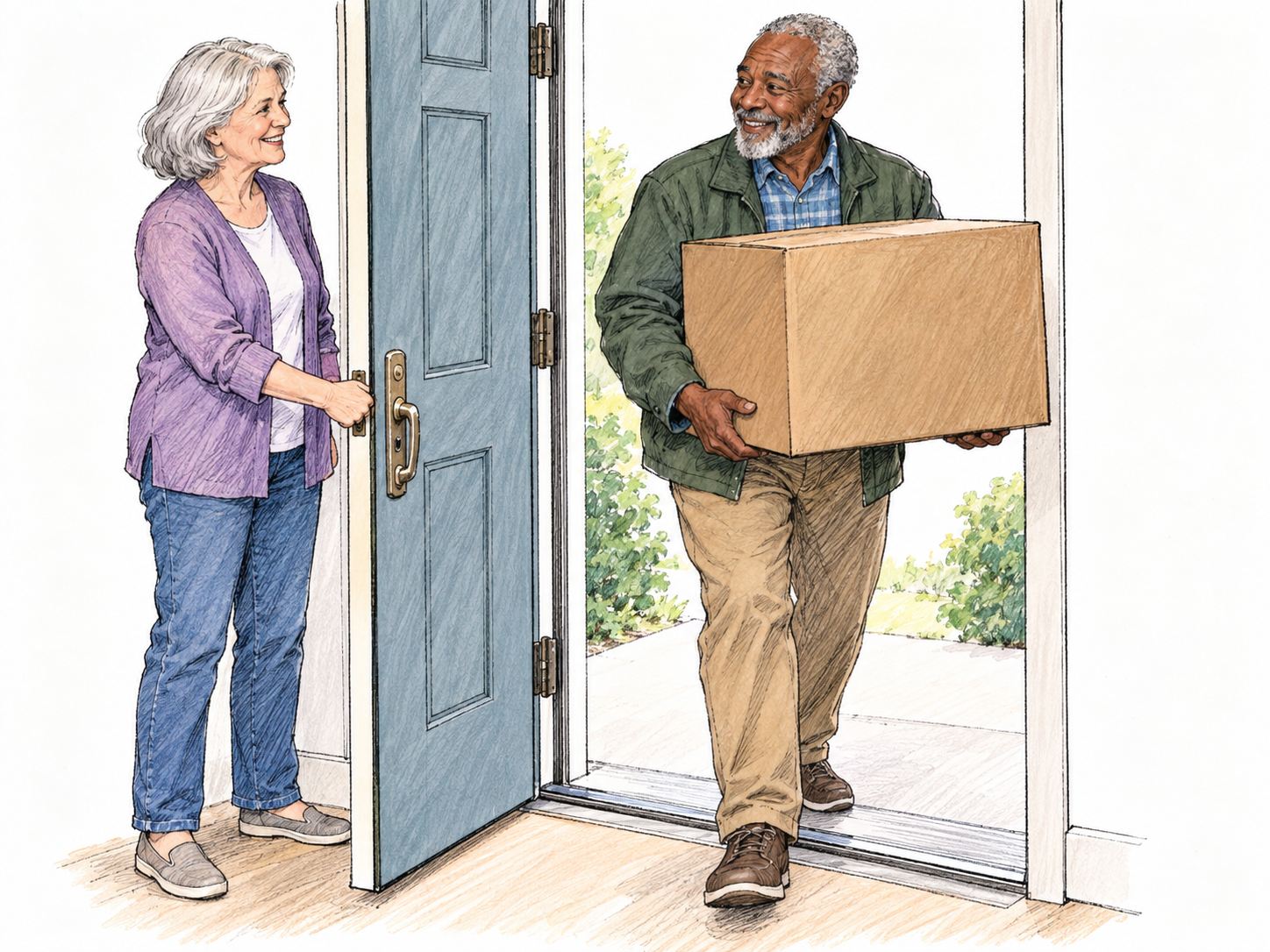 An older woman kindly holds a door open for an older man whose hands are full carrying a large box.