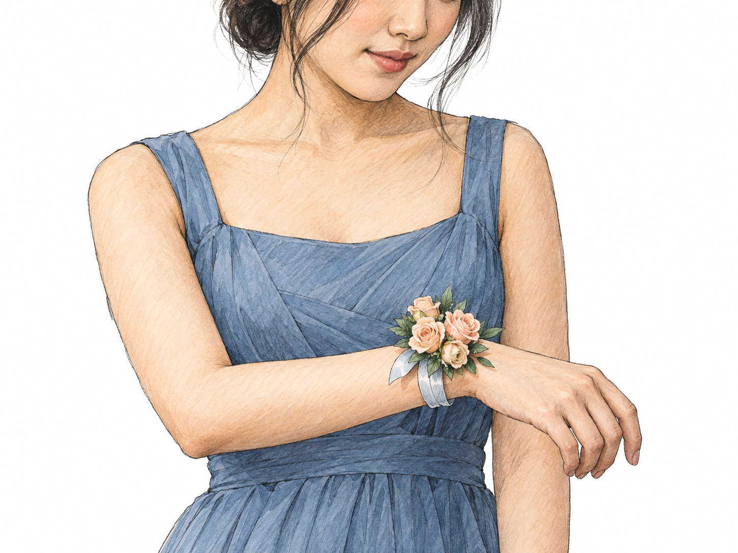 A close view of a young woman wearing a small floral corsage secured around her wrist, with the wristband visibly distinguishing the arrangement from a handheld bouquet.