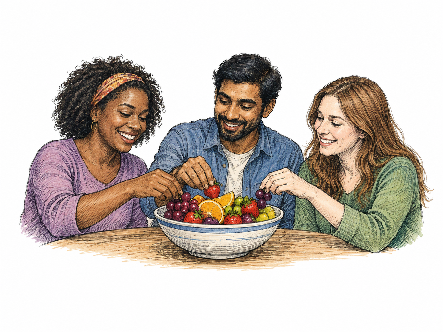 Three friends share a single large bowl of fruit at a table, each taking a small portion, participatory sharing clear; tiny table edge and no room background.