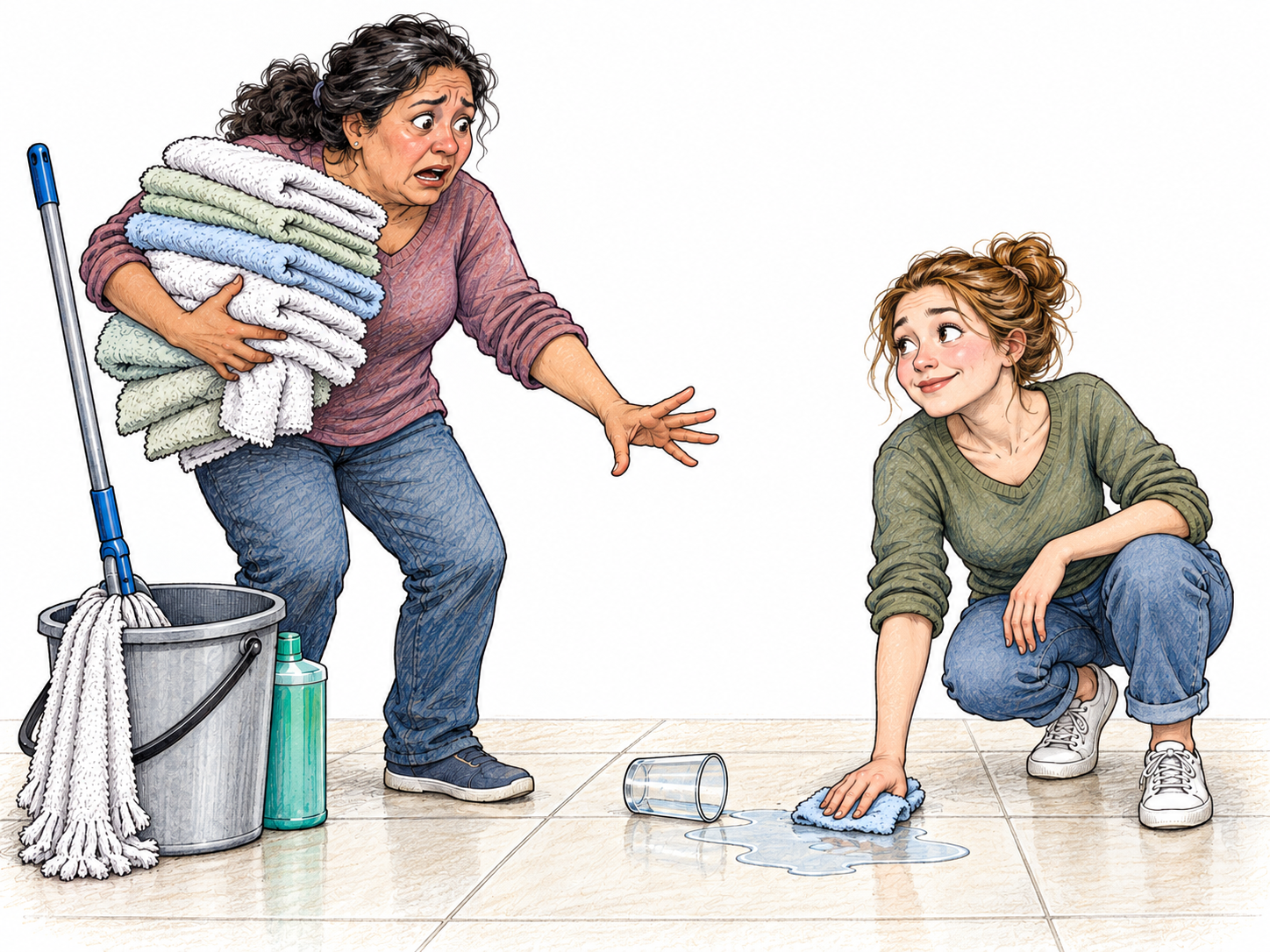 Disproportionate fuss over a small water spill: one woman arrives with an armful of towels, mop, and bucket and gestures in alarm, while another calmly wipes up the entire spill with one small cloth.