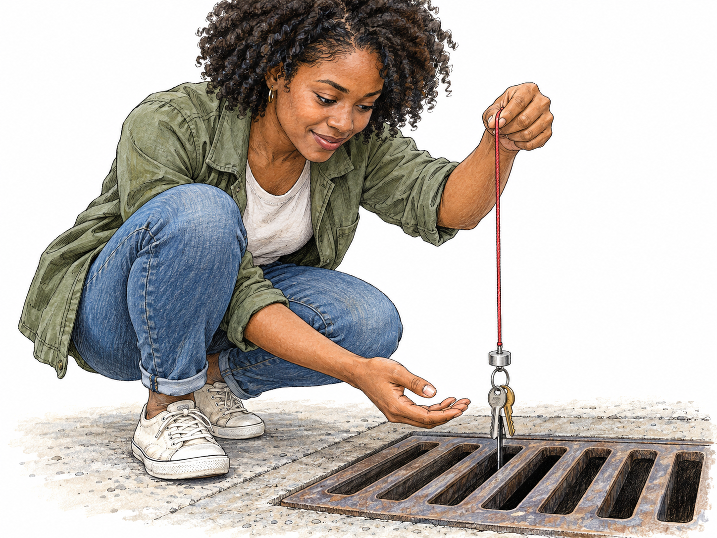 A young woman cleverly retrieves dropped keys through a narrow drain grate using a magnet tied to a string, showing practical intelligence through a visibly effective solution.