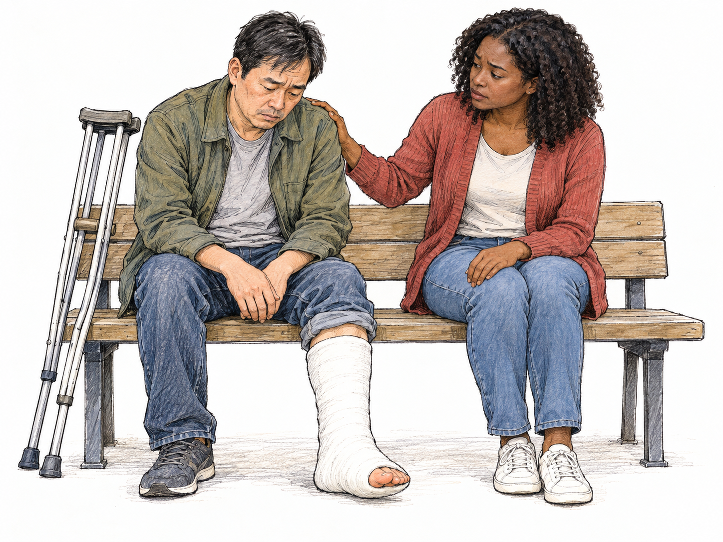 A woman expresses sympathy to a dejected man with a visibly injured leg, sitting beside him with a concerned expression and a gentle hand on his shoulder.