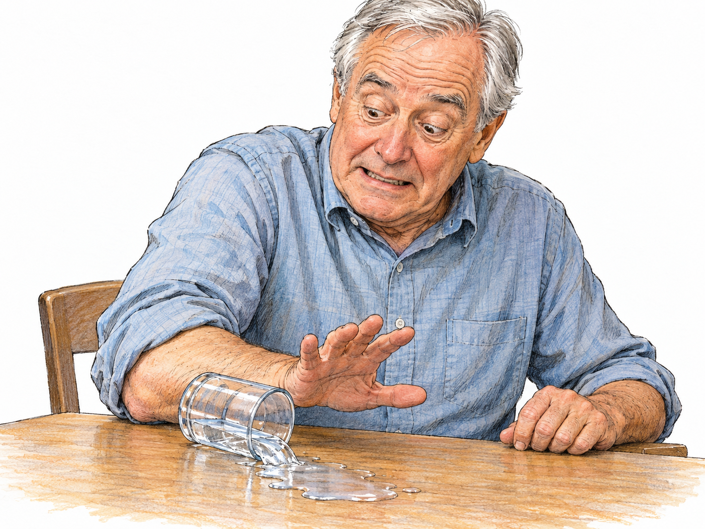 An older man reacts with a sheepish, startled expression immediately after his elbow knocks over a cup of water: the cup is still rolling and a small spill spreads across the tabletop.
