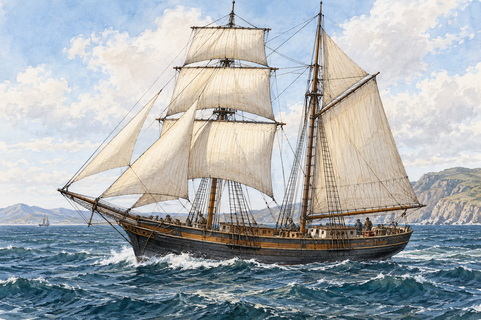 Accurate nineteenth-century brigantine sailing ship on sea, exactly TWO masts: forward foremast has square sails on horizontal yards, rear mainmast has fore-and-aft gaff mainsail with boom and no square yards; triangular staysails between masts and bowsprit.